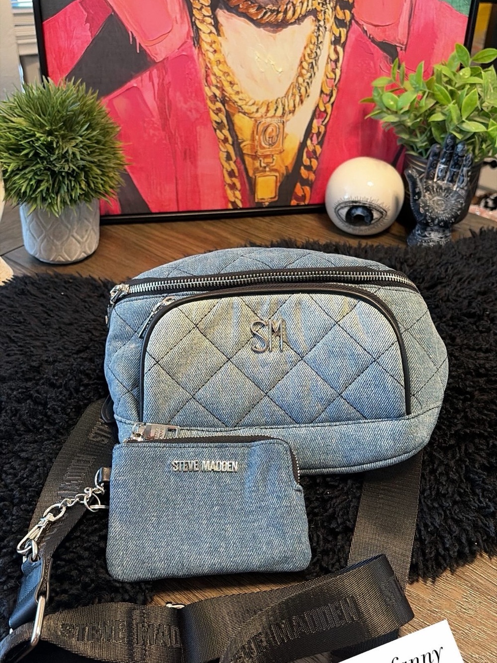 Steve Madden Quilted Denim Light Blue Crossbody with Coin Pouch